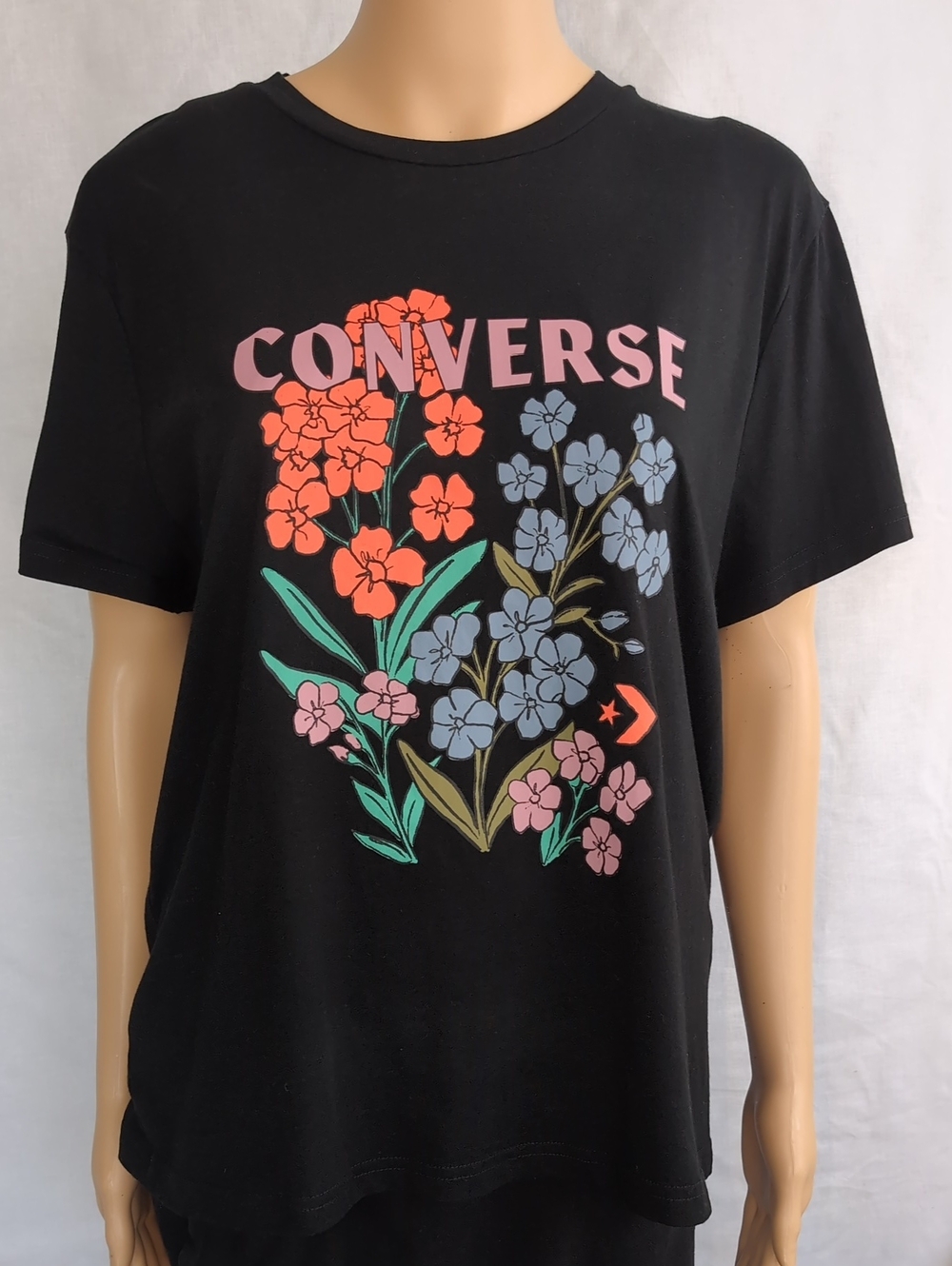 Converse Black Tee with Pink, Coral & Blue Floral Graphic Size XL